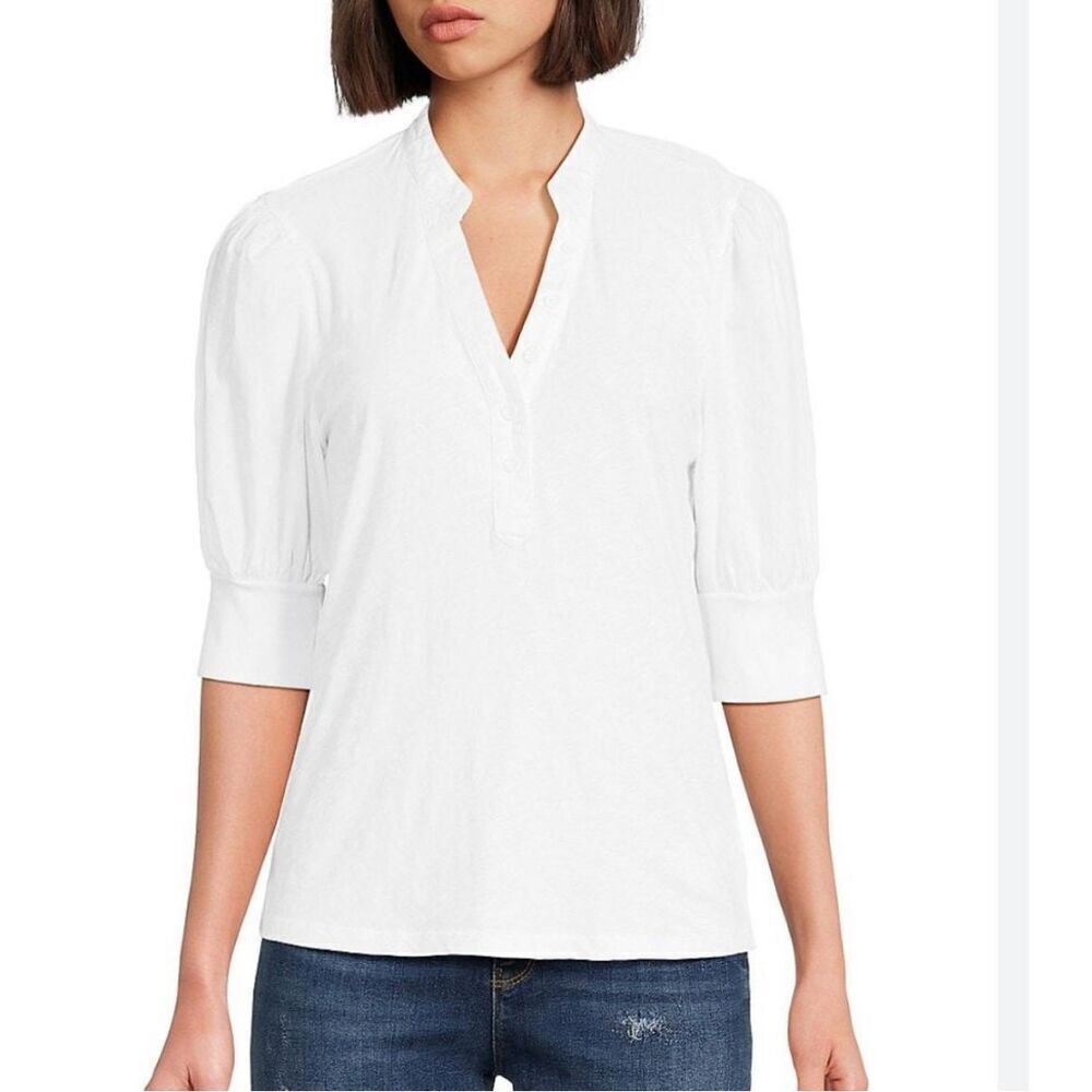 Habitual cotton puff sleeve white button front top large